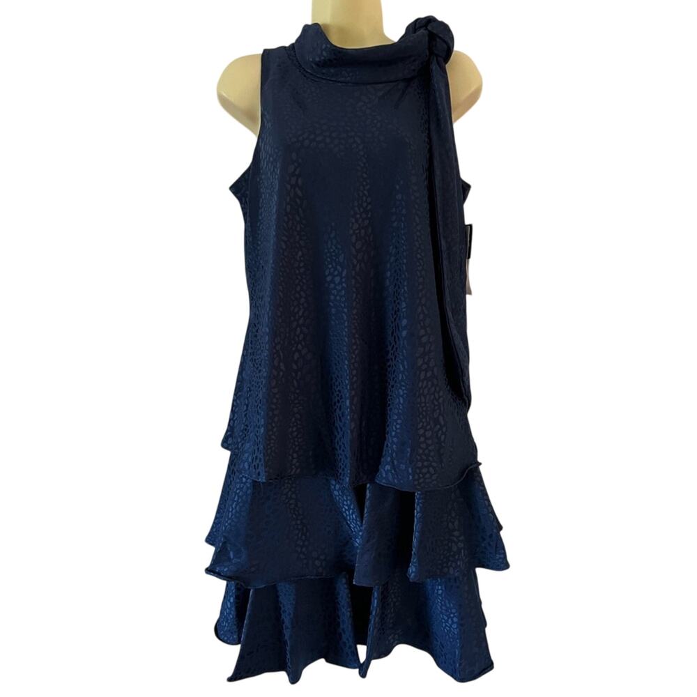 Signature by Robbie Bee Navy Blue Silky Tiered Ruffle Dress Women’s Sz 6 NWT